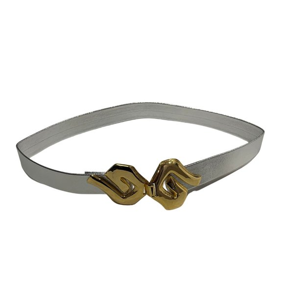 Vintage 90s Women's Silver Metallic Fashion Belt with Abstract Gold Belt Buckle - Picture 4 of 7